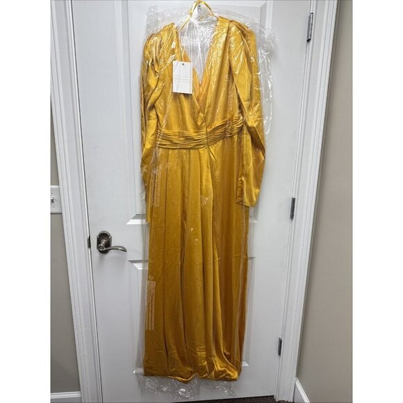 Mac Duggal Size 14 Yellow Mango 12404 Long Sleeve Satin Formal Gown Dress Prom - Picture 5 of 9